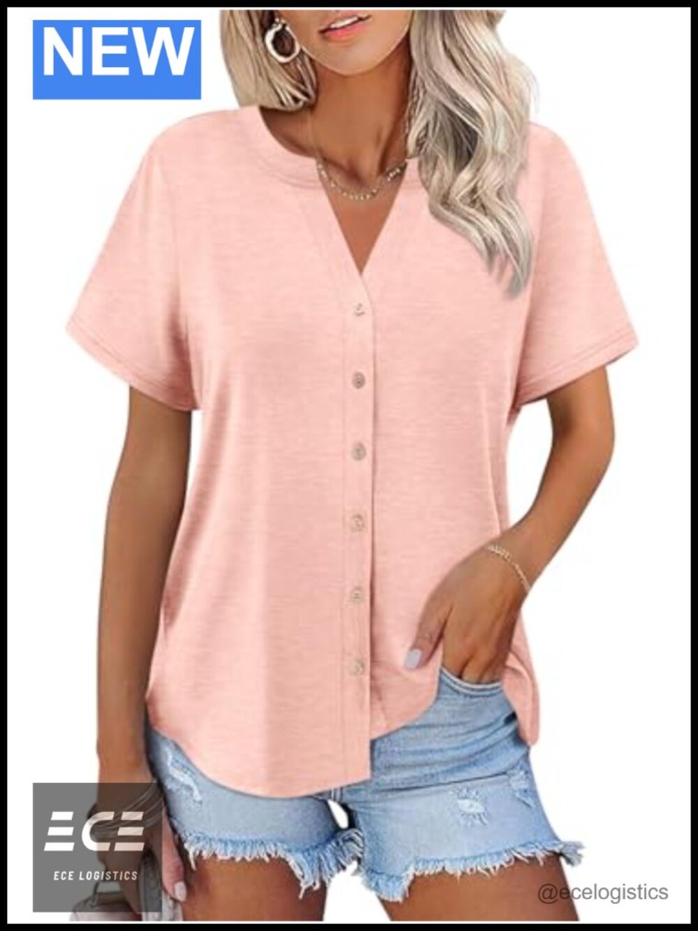 Womens Short Sleeve Button Down V Neck Summer Blouse Dressy Casual Top